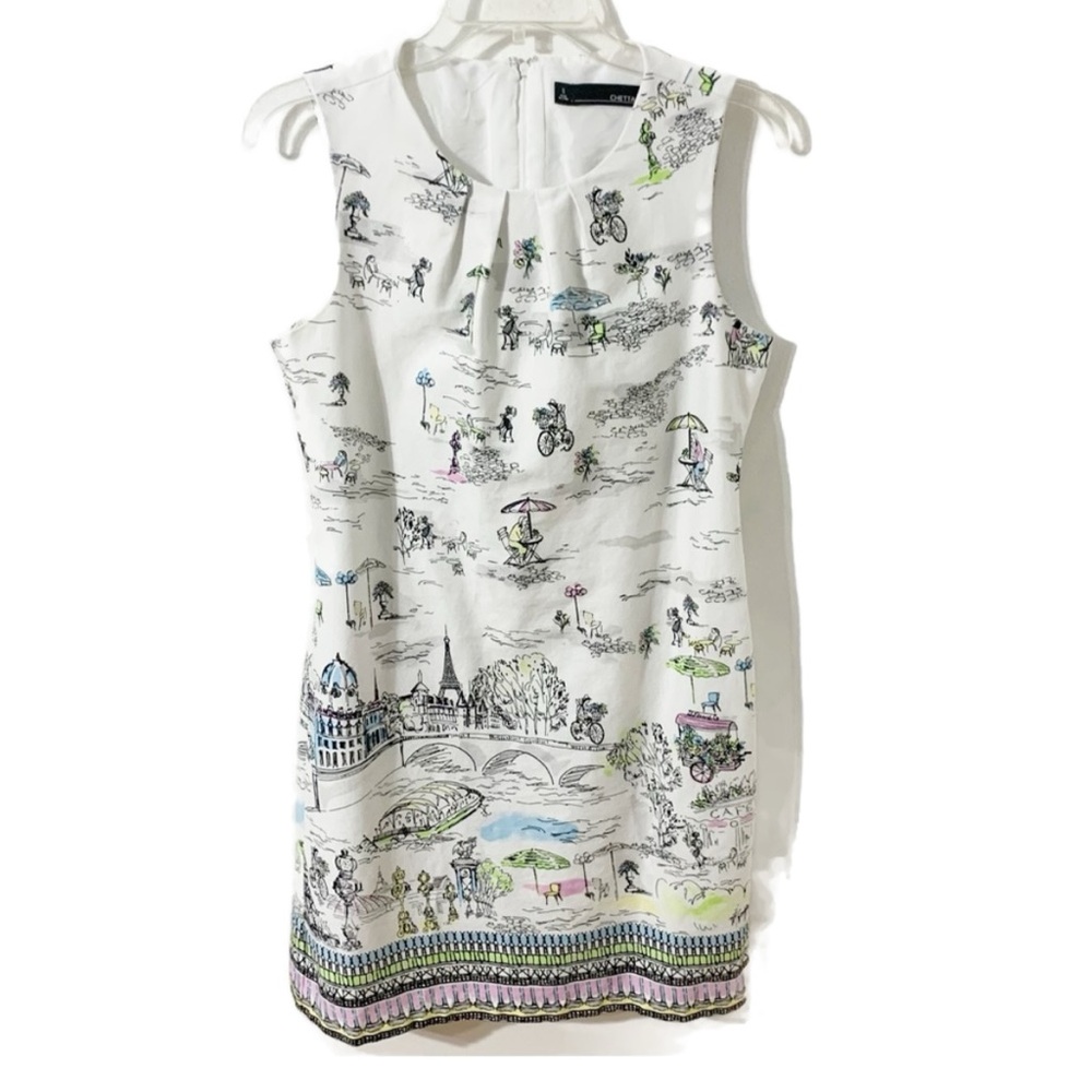 Chetta B Cotton Blend Multicolor Paris City Print Sleeveless Sheath Dress